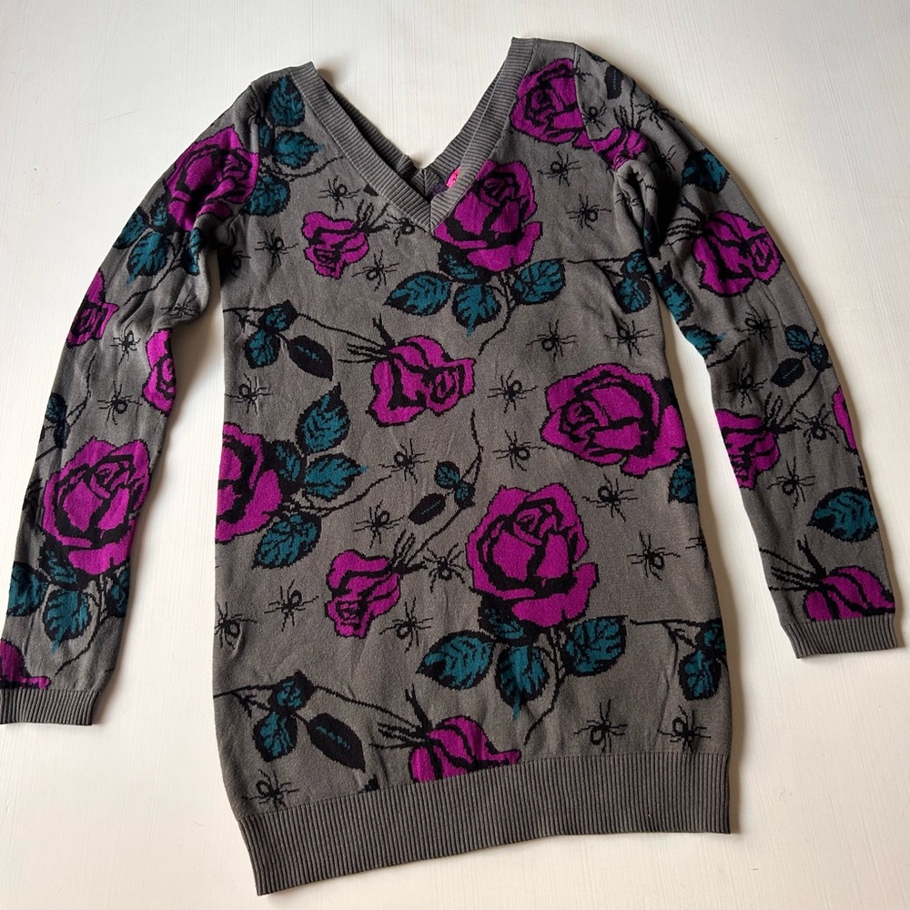 Betsey Johnson Intarsia Grey Purple Spider Rose Sweater Dress Deadstock NWT Y2K